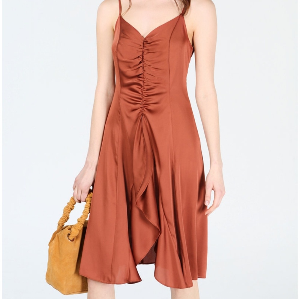 Copper Satin Dress w/ Ruching. NWT
